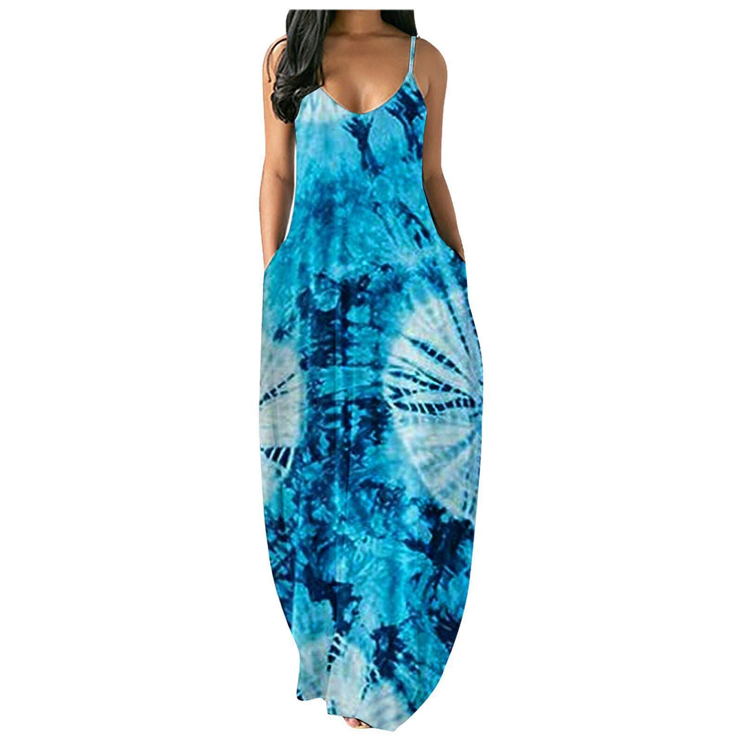 Damen Bohemian Batik-Maxikleid mit Taschen Shopnory