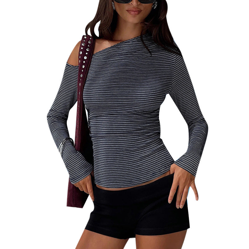 Damen Schulterfreies gestreiftes tailliertes Langarm-Top mit asymmetrischem Ausschnitt Shop Nory