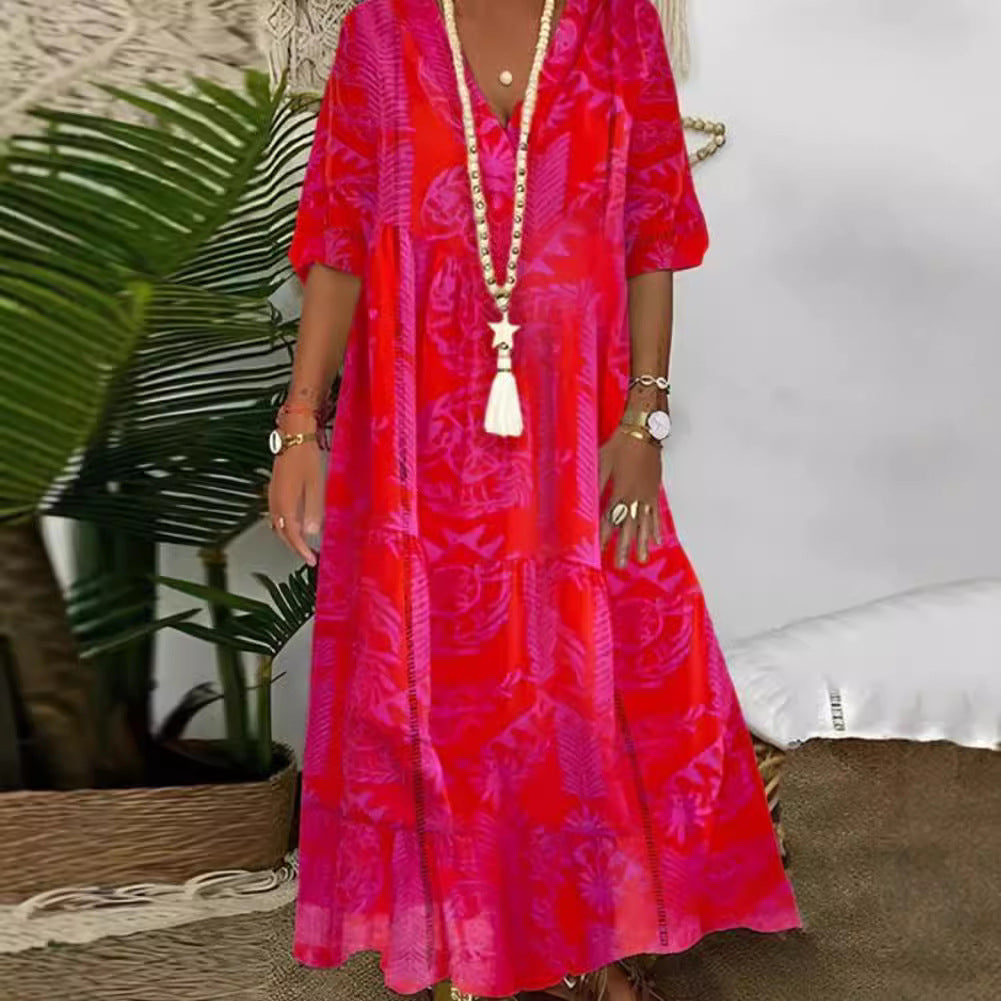 Damen elegantes Maxikleid mit floralen Motiven und V-Ausschnitt