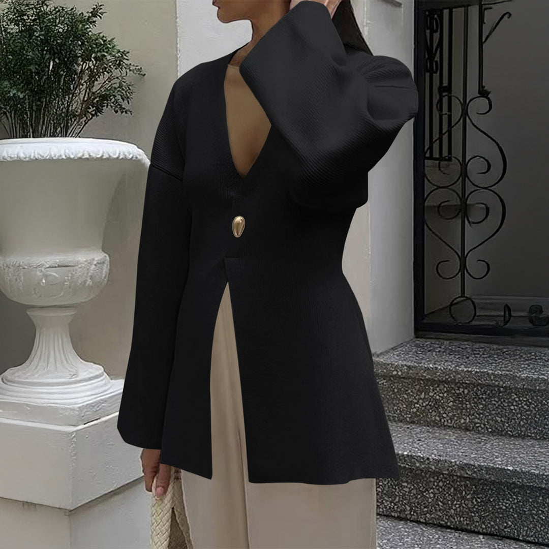 Damen nan taillierter Feinstrick-Cardigan mit V-Ausschnitt, Zierknopf und frontaler Schlitz Shop Nory