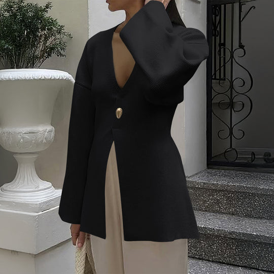 Damen nan taillierter Feinstrick-Cardigan mit V-Ausschnitt, Zierknopf und frontaler Schlitz Shop Nory