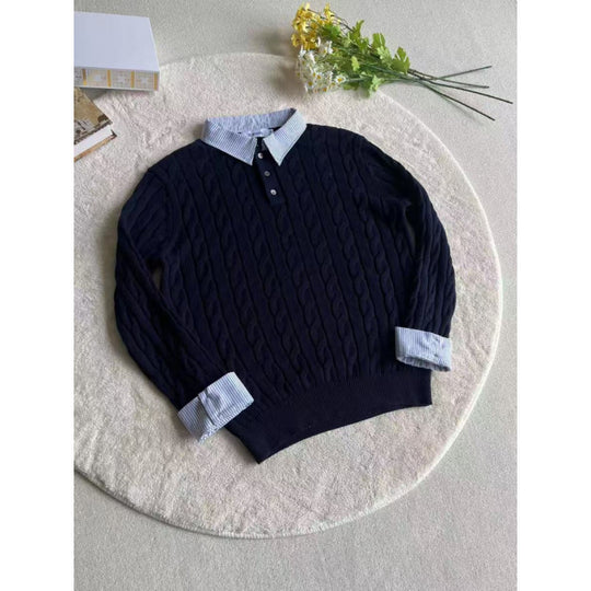 Damen gestrickter Polo-Pullover mit Zopfmuster und eingesetztem Hemdkragen Shop Nory