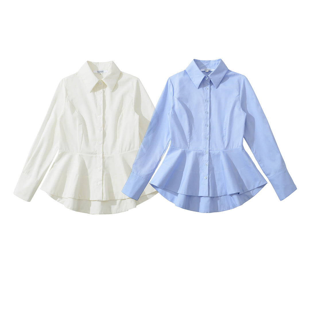 Damen Taillierte Peplum-Bluse mit Hemdkragen und doppellagigem Saum Shop Nory