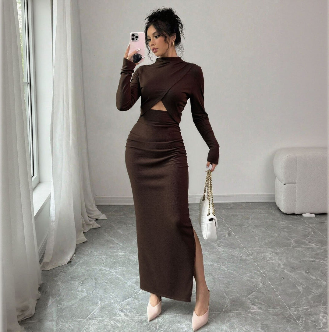 Damen geripptes Maxikleid mit gedrehtem Vorderteil Cut-Out taillierter Raffung und hohem Seitenschlitz Shop Nory