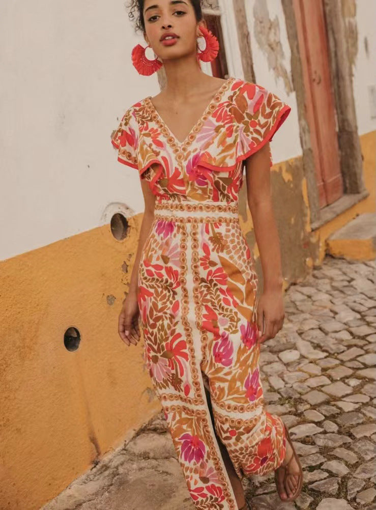 Damen Maxikleid mit farbenfrohem floralem Muster und Volantärmel