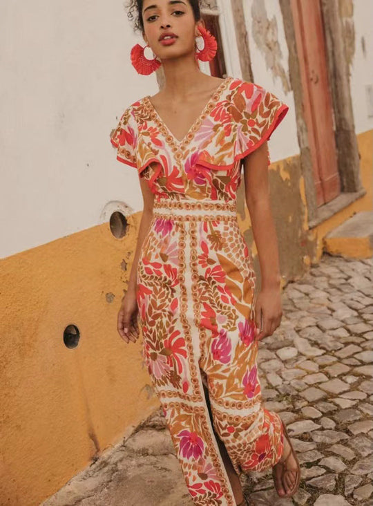 Damen Maxikleid mit farbenfrohem floralem Muster und Volantärmel