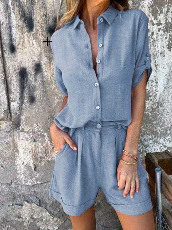 Damen Elegantes Kurzarm-Jumpsuit aus atmungsaktivem Stoff mit praktischen Taschen Shopnory