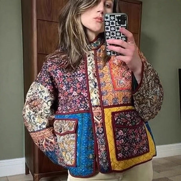 Damen Oversize Patchwork-Steppjacke mit Stehkragen und aufgesetzten Taschen Shop Nory