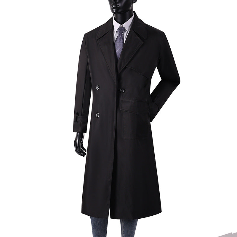 Herren Langmantel im Trenchcoat-Stil mit Sturmklappe, asymmetrischen Taschen und klassischem Revers Shop Nory