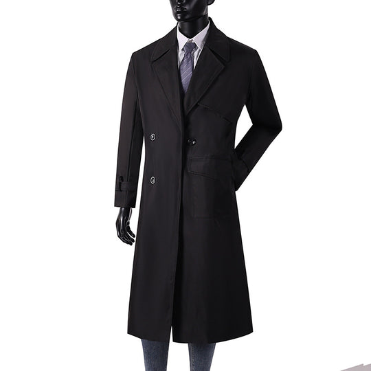 Herren Langmantel im Trenchcoat-Stil mit Sturmklappe, asymmetrischen Taschen und klassischem Revers Shop Nory