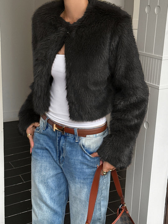 Damen nan kurzes Faux‑Fur Jacke mit voluminösen Ärmeln, offenem Schnitt und kuscheliger Innenfutter Shop Nory
