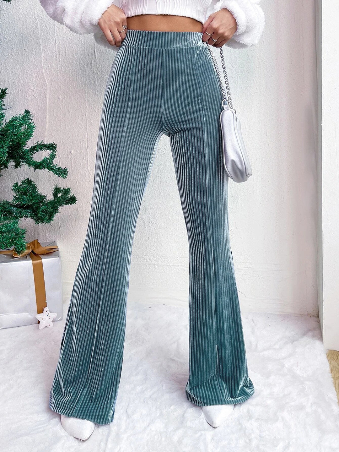 Damen Hochtaillierte gerippte Samt-Hose mit weitem Bein Shop Nory