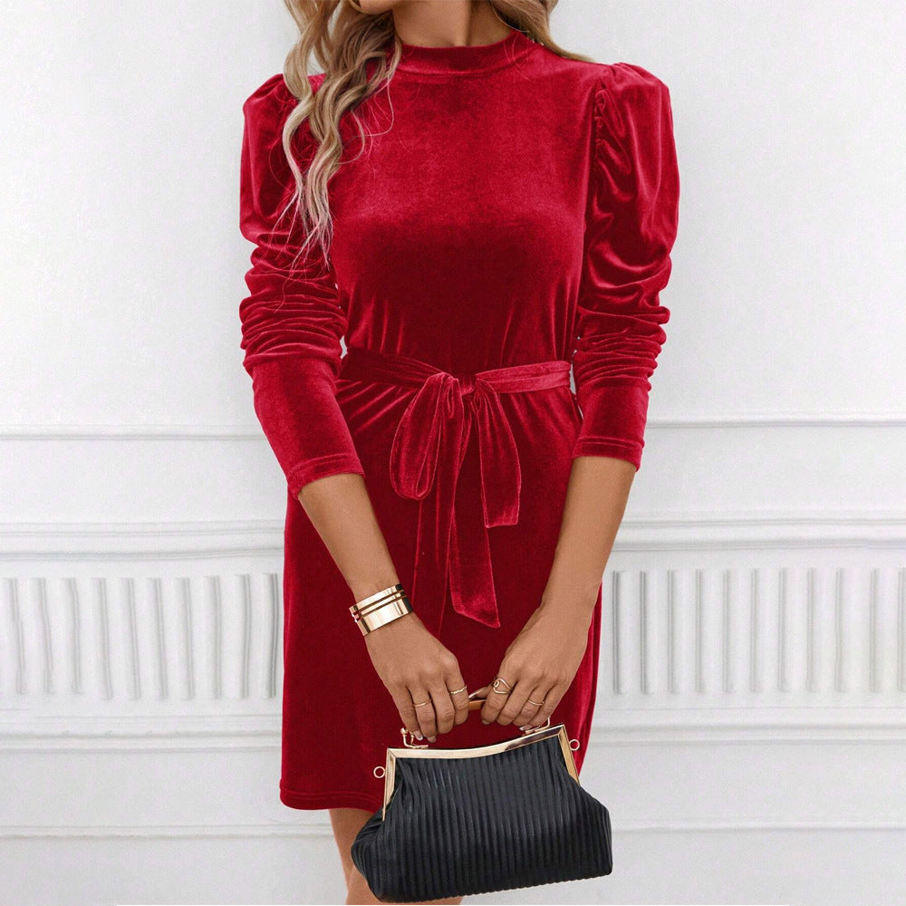 Damen samtiges tailliertes Minikleid mit Stehkragen gerafften Schultern langen Ärmeln und Bindegürtel Shop Nory