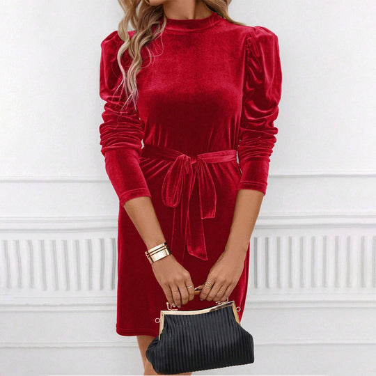 Damen samtiges tailliertes Minikleid mit Stehkragen gerafften Schultern langen Ärmeln und Bindegürtel Shop Nory