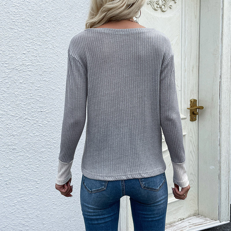 Damen Patchwork-Langarmshirt mit V-Ausschnitt, Rippenstruktur und Animal-Print Shop Nory