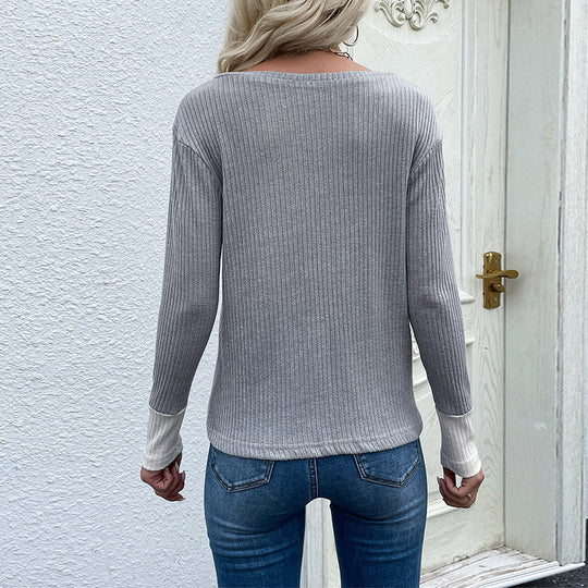 Damen Patchwork-Langarmshirt mit V-Ausschnitt, Rippenstruktur und Animal-Print Shop Nory