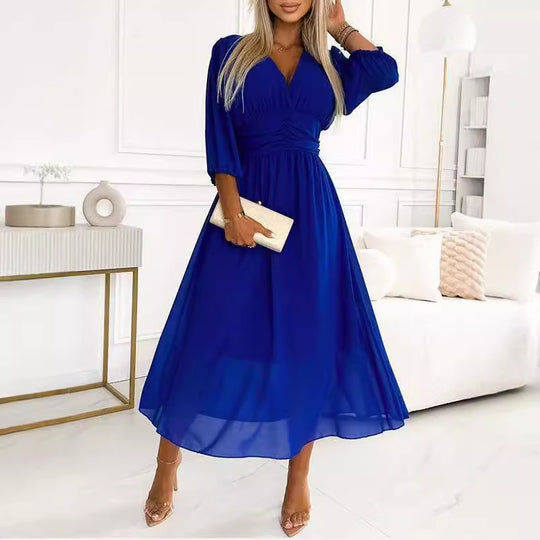 Damen Chiffon Maxi Kleid mit V-Ausschnitt, Rüschengesäß und 3/4 Ärmeln Shop Nory