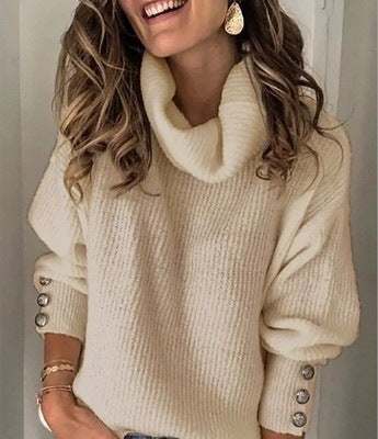 Damen Kuscheliger Oversize Rollkragenpullover mit Zierknöpfen an den Ärmeln Shop Nory