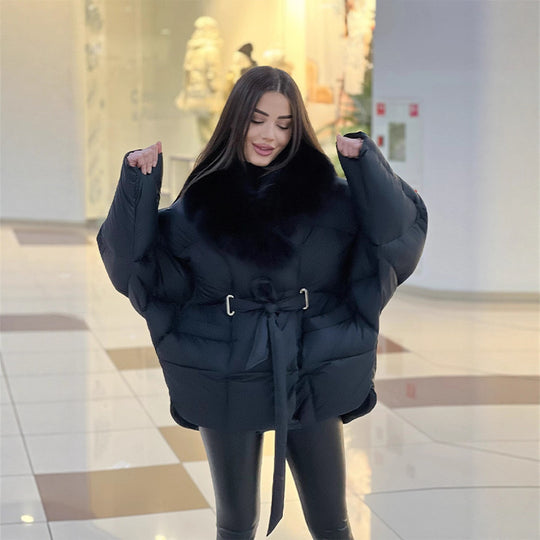 Damen Oversize Steppjacke mit Taillengürtel und Kunstfellkragen Shop Nory