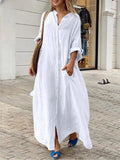 Einreiher Baumwoll-Leinen Plus Size Langkleid