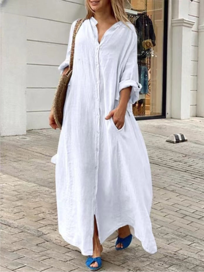 Einreiher Baumwoll-Leinen Plus Size Langkleid