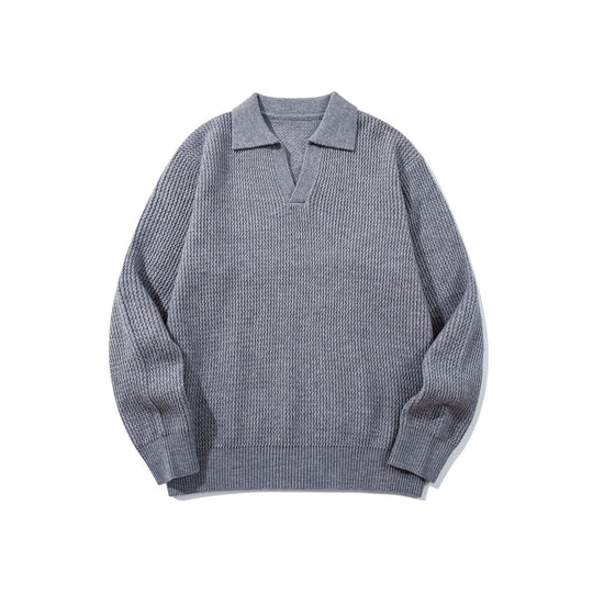 Herren Grobgestrickter Polokragen-Pullover mit V‑Ausschnitt und Rippenbündchen Shop Nory