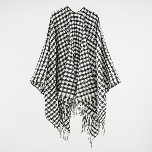 Damen Offener Wollmix-Poncho im Hahnentritt‑Karo mit Fransen Shop Nory