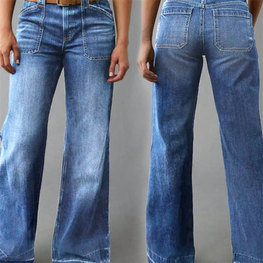 Damen Hochtaillierte Denim-Jeans mit weitem Schlagbein und aufgesetzten Vordertaschen Shop Nory