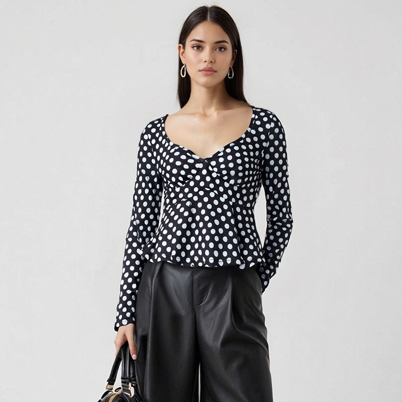 Damen Langarm-Top mit Punktmuster, tailliertem Peplum und herzförmigem Ausschnitt Shop Nory