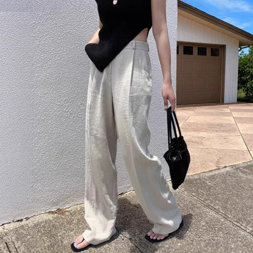 Damen Weite Leinenmix-Hose mit hoher Taille, Bügelfalte und Eingrifftaschen Shop Nory