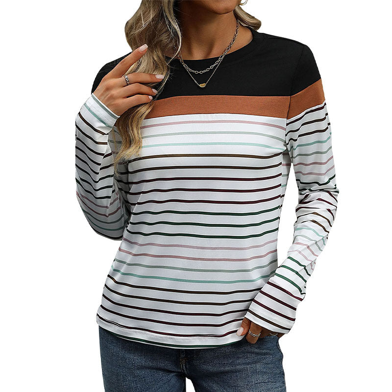 Damen Langärmliges gestreiftes Shirt mit Colorblock‑Schulter und Rundhalsausschnitt Shop Nory