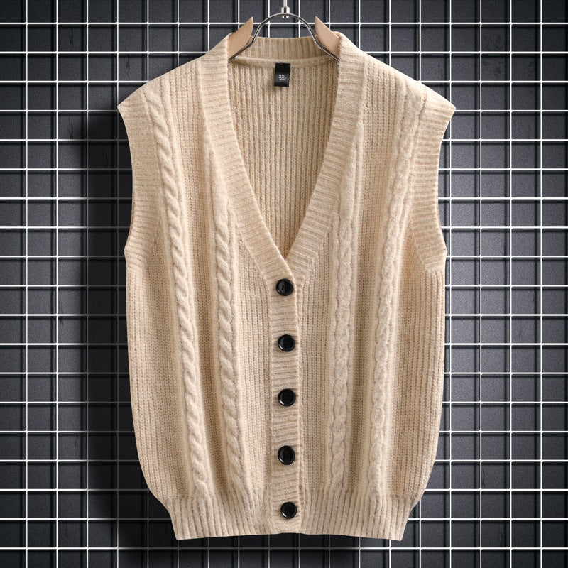 Herren ärmellose Strickjacke mit Zopfmuster und Knopfdetails
