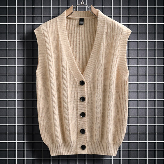 Herren ärmellose Strickjacke mit Zopfmuster und Knopfdetails