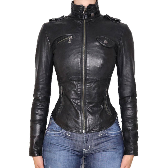 Damen nan taillierte Kunstleder-Bikerjacke mit Stehkragen, Schulterpatten und Reißverschlusstaschen Shop Nory