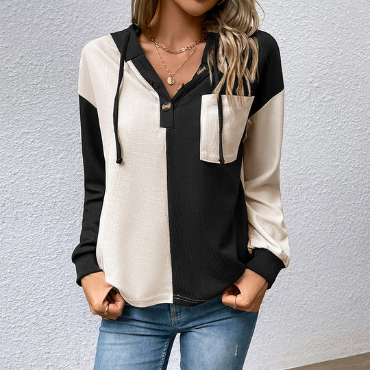Damen Lässiges Colorblock-Hoodie-Henley mit Waffelstruktur und Brusttasche Shop Nory