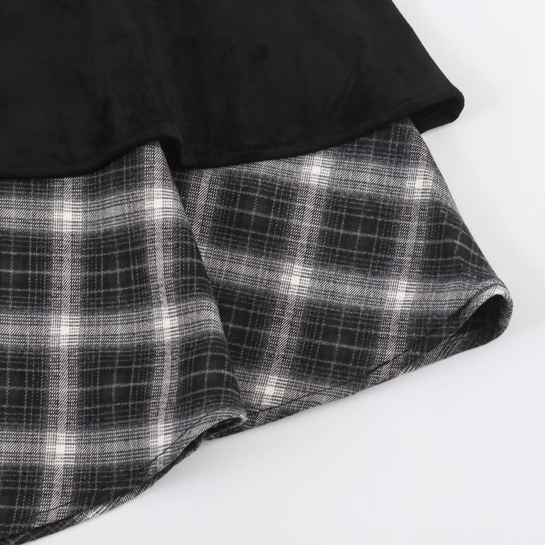Damen Asymmetrischer Lagenrock mit Kunstleder-Oberschürze und kariertem Chiffon-Volant Shop Nory