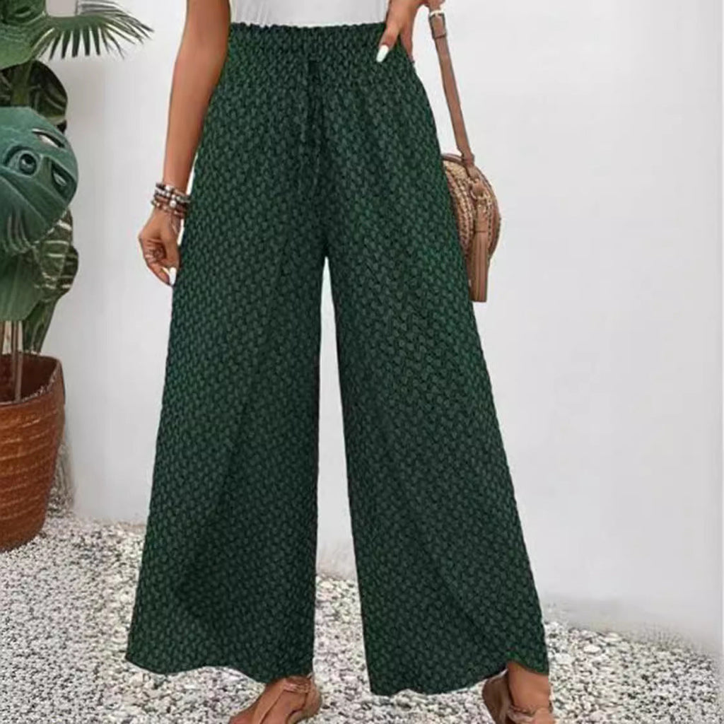 Damen nan weite Sommer-Palazzohose mit gerafftem Komfortbund, fließender Beinweite und geometrischem Allovermuster