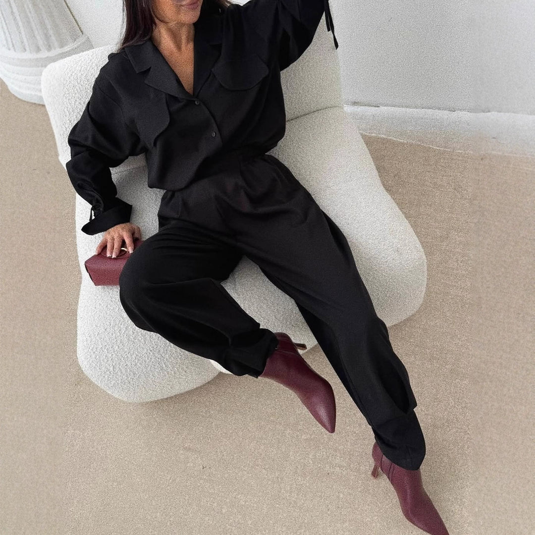 Damen Zweiteiliges Loungewear-Set mit Oversized-Bluse, Pattentaschen, Kordelmanschetten und hochtaillierter Jogpant Shop Nory