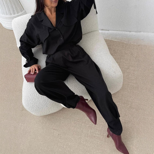 Damen Zweiteiliges Loungewear-Set mit Oversized-Bluse, Pattentaschen, Kordelmanschetten und hochtaillierter Jogpant Shop Nory