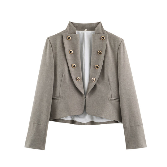 Damen Cropped Military-Blazer mit Stehkragen, zweireihiger Zierknopfleiste und taillierter Passform Shop Nory