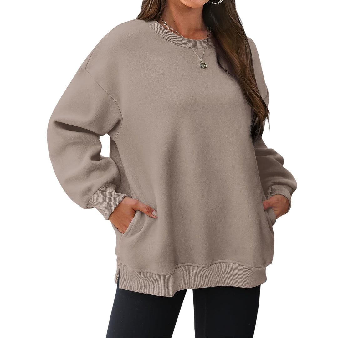 Damen nan verlängertes Oversize Rundhalspullover mit seitlichen Eingrifftaschen, Rippbündchen und überschnittener Schulter Shop Nory