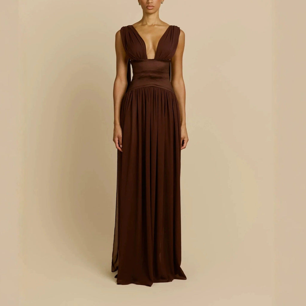 Damen Elegantes Langarm-Maxikleid mit tiefem V-Ausschnitt