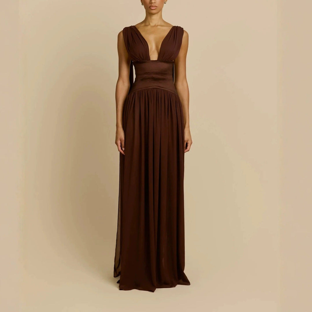 Damen Elegantes Langarm-Maxikleid mit tiefem V-Ausschnitt