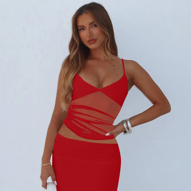 Damen Spaghetti-Träger Blusenoberteil mit transparenter Drapierung