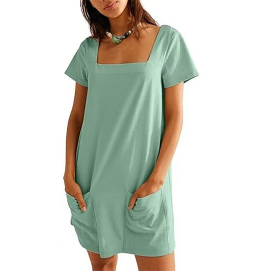 Damen Lockeres Sommerkleid mit Quadrat-Ausschnitt und praktischen Taschen