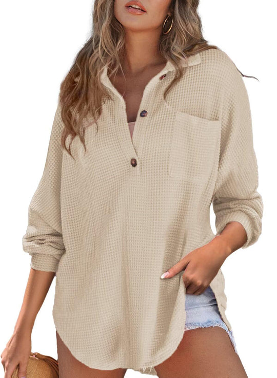 Damen nan oversized Waffelpiqué Hemdbluse mit Brusttasche, Knopfleiste und abgerundetem Saum Shop Nory