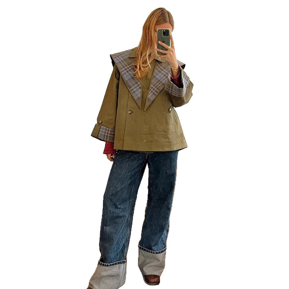 Damen modische Oversized Jacke mit kariertem Kragen