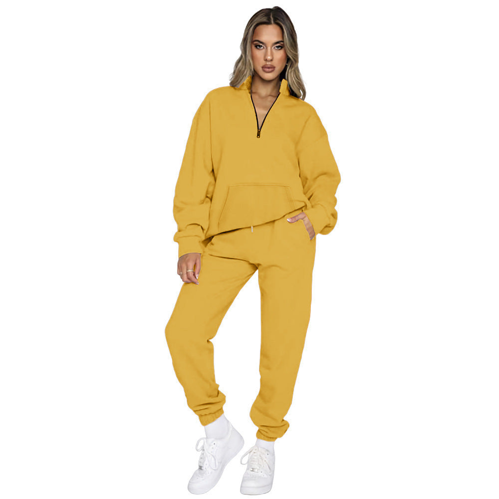Damen nan French‑Terry Relax‑Loungewear‑Set mit halbem Reißverschluss, Kängurutasche und taillierter, schmal zulaufender Jogginghose Shop Nory