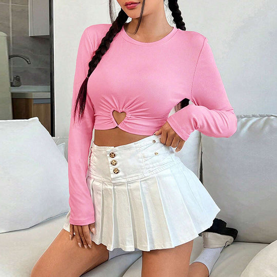 Damen gerafftes Crop-Top mit Herz-Cutout, langärmlig und feiner Rippstruktur Shop Nory