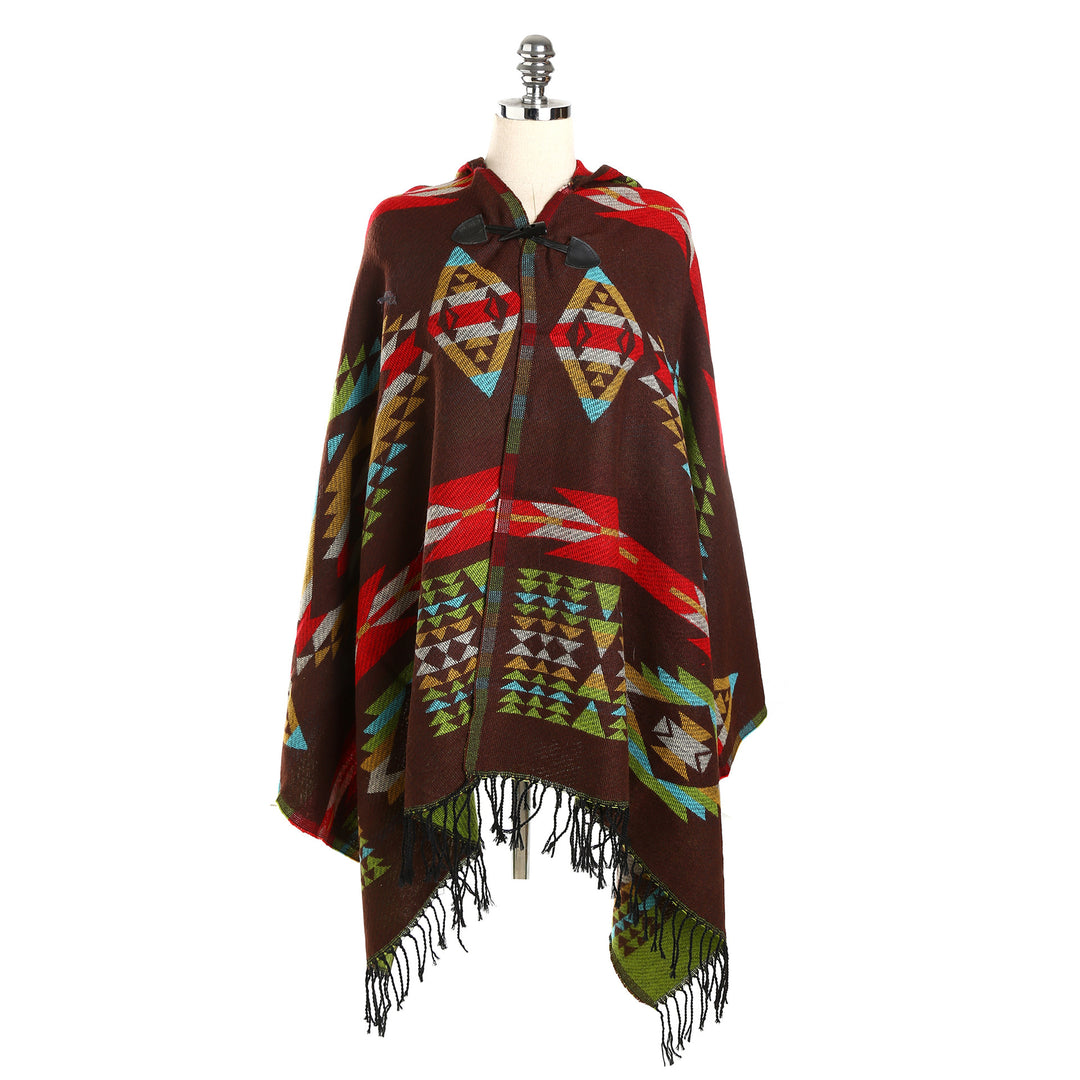 Damen Ethno-Jacquard-Poncho mit Knebelverschluss und Fransensaum Shop Nory